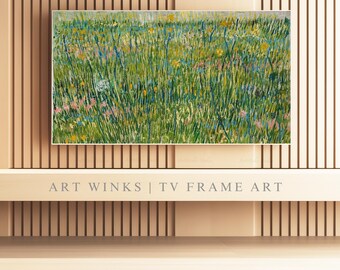 額入りテレビアート、フィンセント・ファン・ゴッホの「草むら」油絵