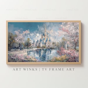 Samsung Frame TV, Magic Kingdom Memory, Cinderella Castle Impressionist Oil, Main Street Crowd Scene with Iconic Spires & Whimsical Details