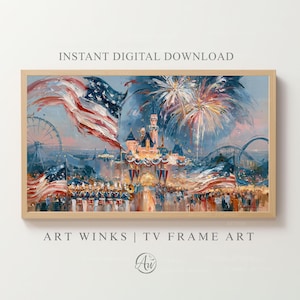 May include: An oil painting style digital print featuring a castle, a marching band, and American flags under a sky filled with fireworks. The scene includes a Ferris wheel and roller coaster in the background, rendered in a textured, painterly aesthetic.