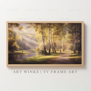 Samsung Frame Art, Golden sunlight forest oil painting, Peaceful birch trees landscape print, Serene nature wall decor, New dawn tv frames
