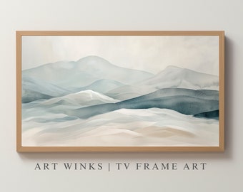 Samsung Frame TV, Minimalist Mountain Landscape in Soft Teal and Beige, Abstract Watercolor Scenery, Tranquil Nature Art for Modern Spaces