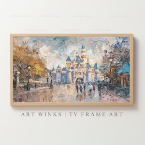 Samsung Frame TV, Magic Kingdom Memory, Aschenputtel Schloss Impressionistöl, Massenszene Main Street mit ikonischen Türmen & wunderlichen Details