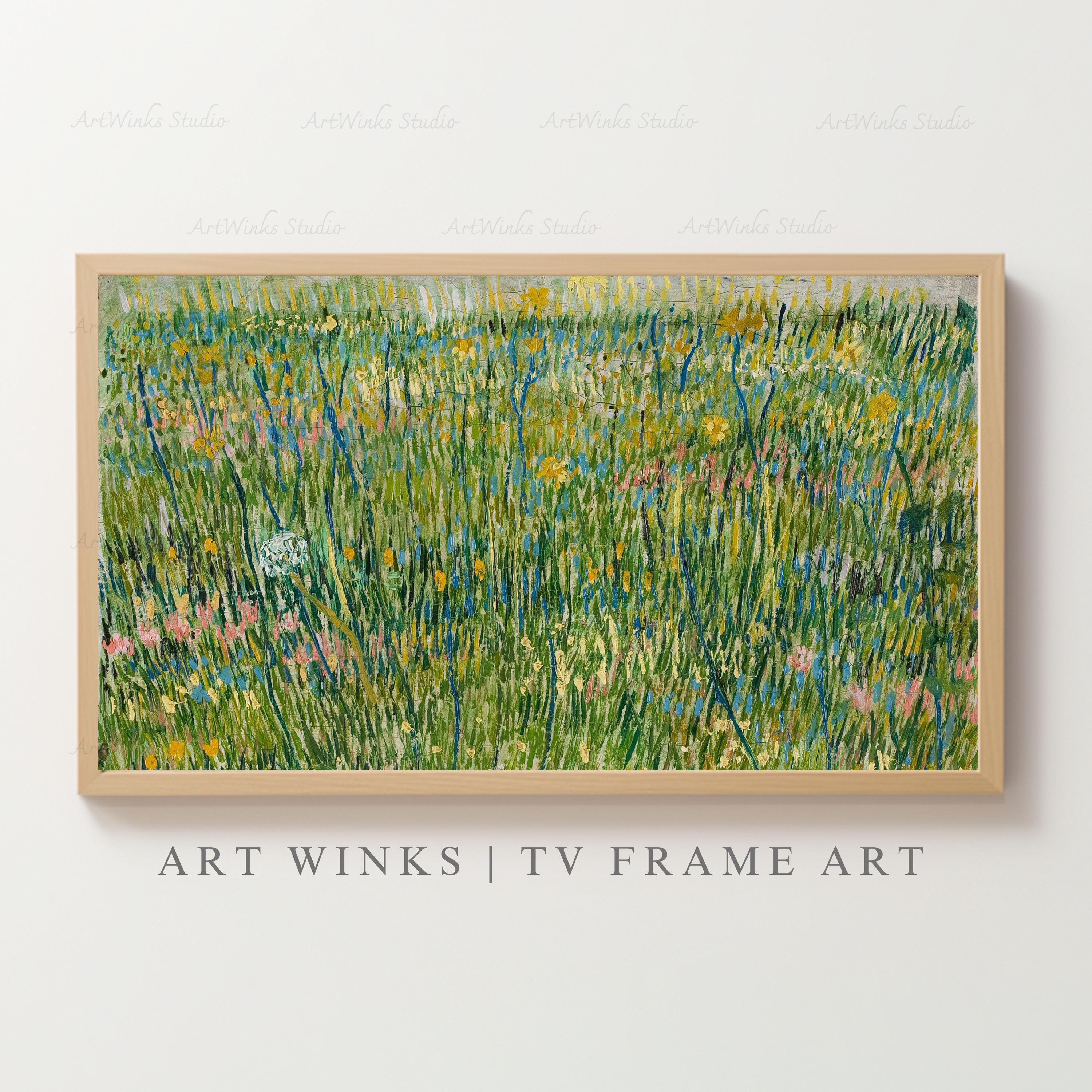 印象派風 収穫の風景 油彩調 複製画 額装 額入りテレビアート、フィンセント・ファン・ゴッホの「草むら」油絵