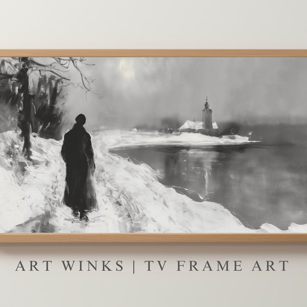 Frame TV Art, Snowy Solitude - Monochromatic Impressionist Winter Scene Oil Painting, Vintage Artwork for Samsung Frame, Moody Home Decor