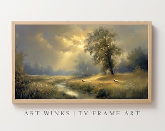 Vintage Landscape Frame TV Art, Golden Pastoral Scene Wall Decor, Moody Countryside Artwork for Samsung Frame TV, Moody Landscape painting
