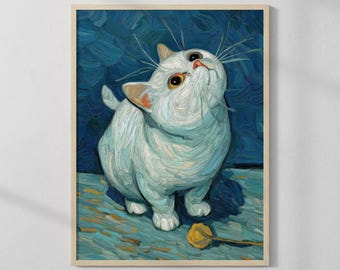 Süße weiße Katze Wand Kunst Druck, Skurril Haustier Portrait Gemälde, Bunte Katzen Liebhaber Geschenk, Moderne Tier Kunstwerk für Haus Wand dekor