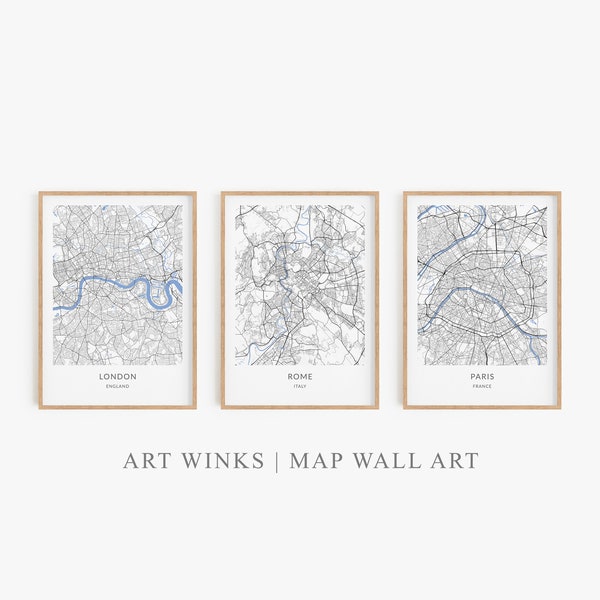 London, Paris, Rome Map Set - Printable Wall Art & City Posters, 3 Piece Map Prints for Home Decor, Chic Travel Collage Kit