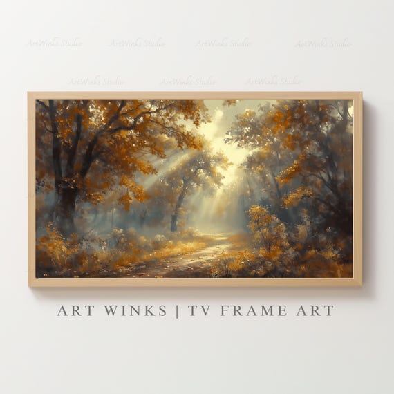 Samsung Frame Art, Autumn forest sunlight art, landscape print, Fall nature wall decor, Warm golden woodland path image, New dawn tv frames