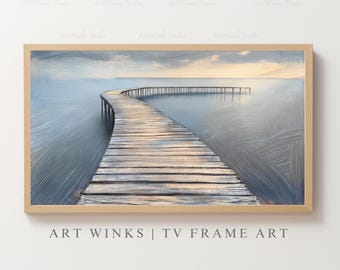 Samsung Frame TV, Minimalist pier art print, Curved wooden dock, Serene lake digital download, Modern wall decor, Calming landscape image