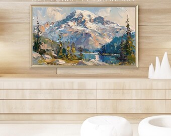 額入りテレビアート、印象派風レーニア山風景画、ヴィンテージパステル