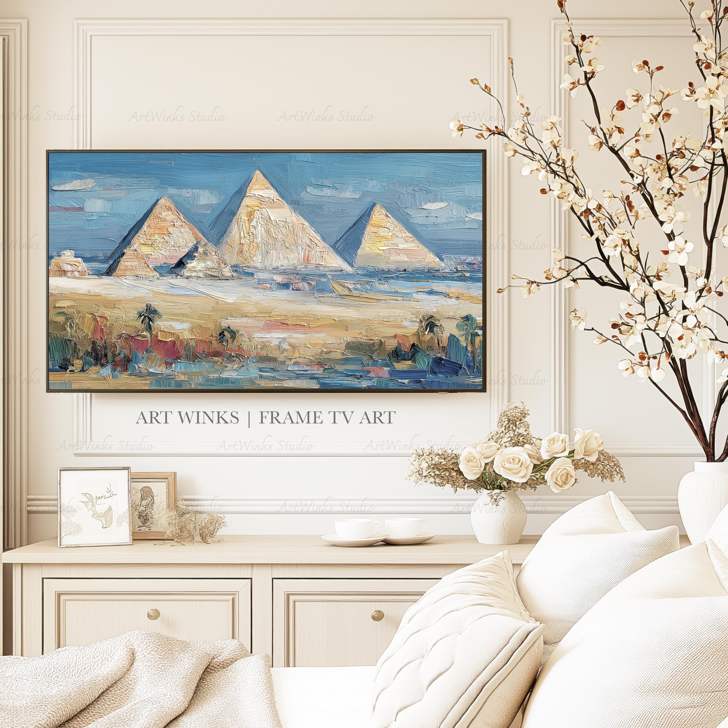 Frame TV Art, Egyptian Pyramids Oil Painting, Impressionist Middle