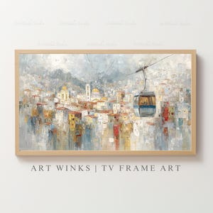 Frame TV Art, La Paz gondola art print, Bolivia cable car oil painting, Colorful mountain cityscape wall decor, South American travel poster