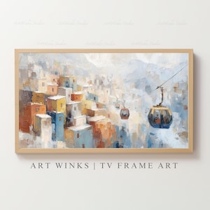Frame TV Art, La Paz gondola art print, Bolivia cable car oil painting, Colorful mountain cityscape wall decor, South American travel poster
