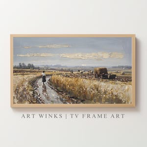ビンテージ油絵の田園風景フレーム TV アート、テクスチャのあるムーディな田舎のデジタル ダウンロード、人物と干し草カートのある素朴な農場のシーン