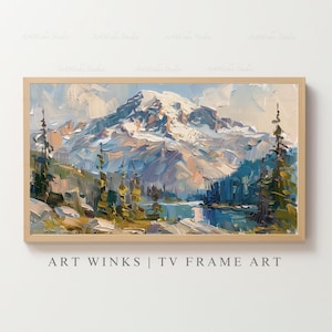 May include: Oil painting of a snow-capped mountain landscape with a lake and evergreen trees. The artwork is framed in a light wood frame. The text "ART WINKS | TV FRAME ART" is at the bottom.