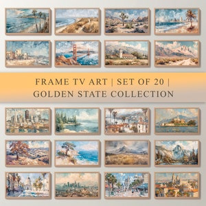 Frame TV Art set of 20 Impressionist Paintings of California Landmarks, Golden State Art Collection, Coast, Desert, Cityscape and Mountains