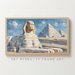 Frame TV Art, Sphinx and Pyramids oil painting, Impressionist Giza Plateau Travel landscape wall art, Historical architecture home decor