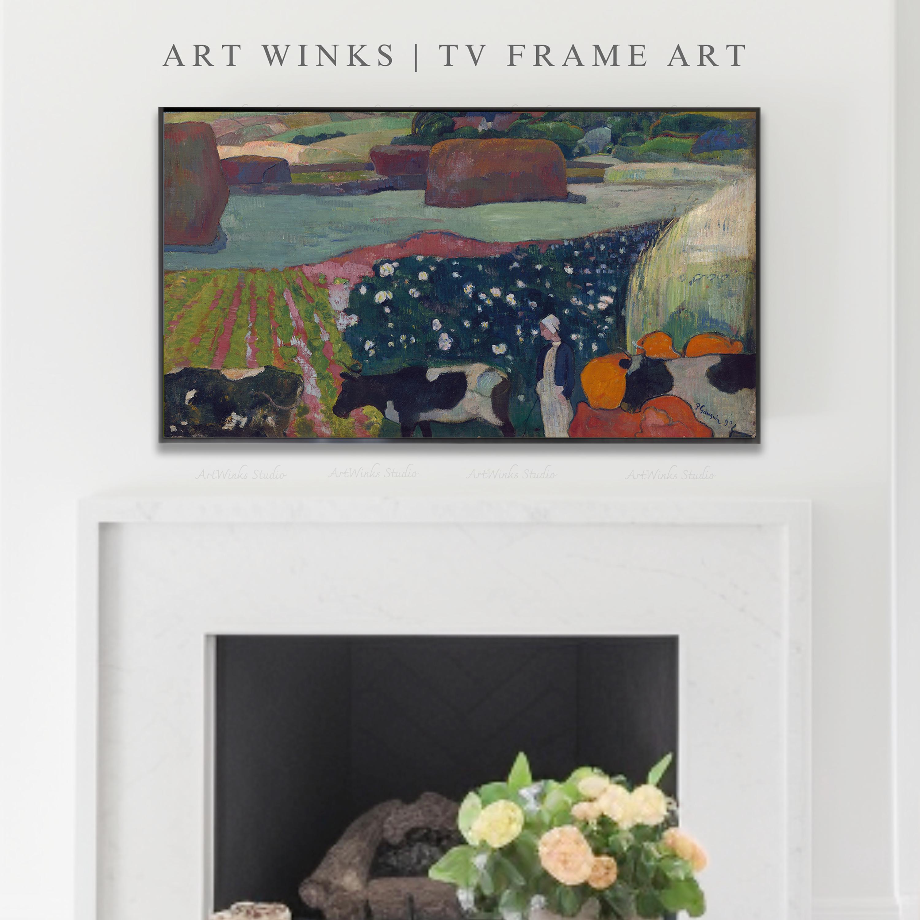 額縁付きテレビアート、ブルターニュの干し草の山のアート、フランスの