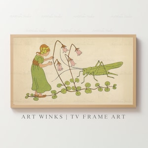 May include: A framed vintage illustration featuring a girl in a green dress and a large green grasshopper. The artwork includes pink bell-shaped flowers and green foliage. The text at the bottom reads "ART WINKS | TV FRAME ART."