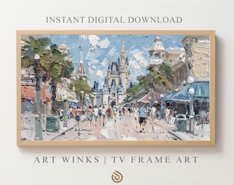 Samsung Frame TV, Magic Kingdom Memory, Cinderella Castle Impressionist Oil, Main Street Crowd Scene with Iconic Spires & Whimsical Details