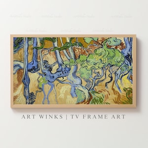 May include: A framed print of a painting featuring a landscape with trees and roots in shades of blue, green, and yellow. The artwork is in a wooden frame. The text "ART WINKS | TV FRAME ART" is at the bottom.