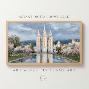 Salt Lake Temple of Jesus Christ of Latter-day Saints Frame TV Art, Impressionist Painting with Reflection Pool and Blooming Spring Trees