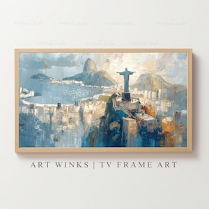 Frame TV Art, konsttryck Kristusstatyn, oljemålning av stadsbilden i Rio de Janeiro, väggdekor av brasilianskt landmärke, modernt religiöst konstverk