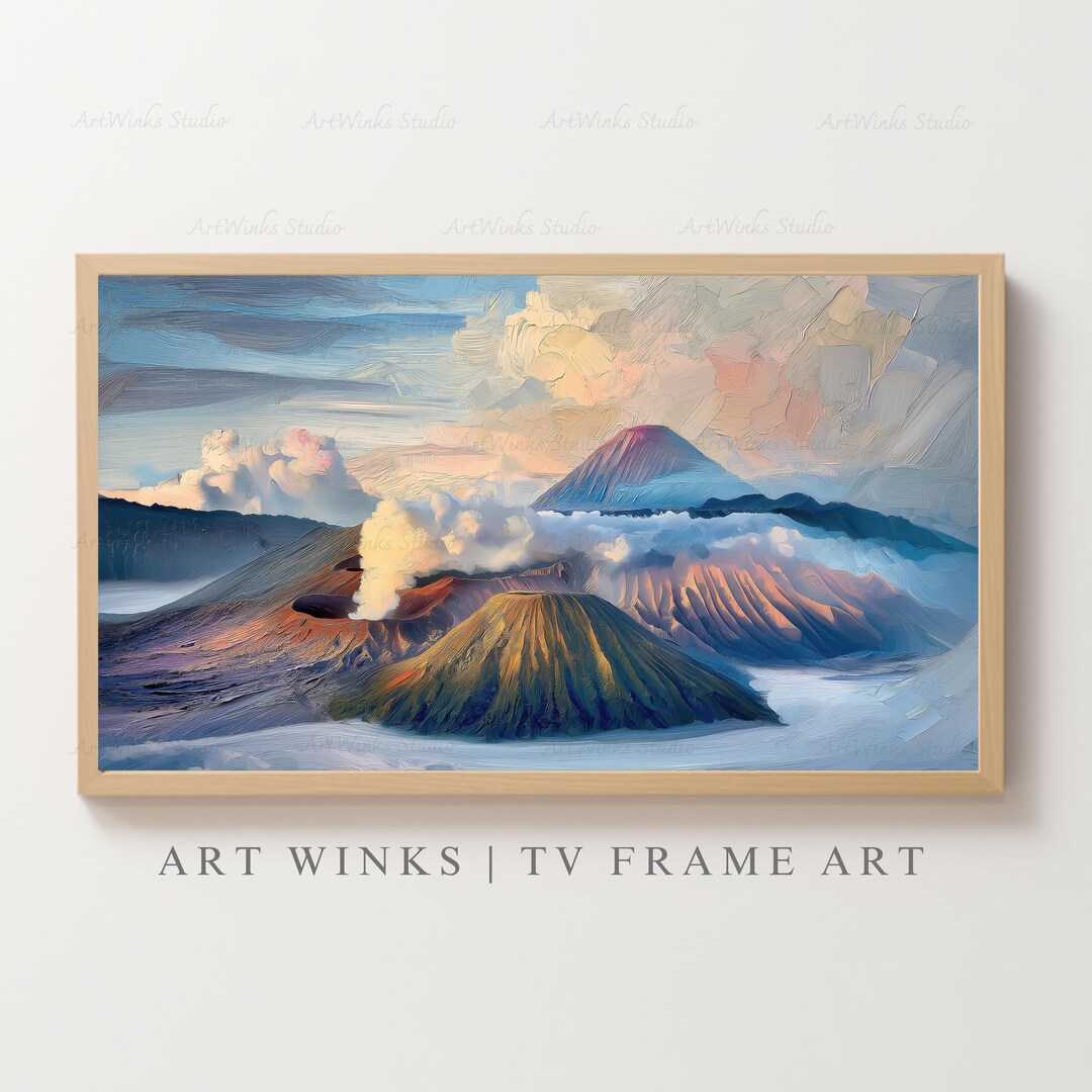 Volcanic Frame Frame TV Art, Indonesia Volcano Landscape Oil Painting, Mt Bromo ...