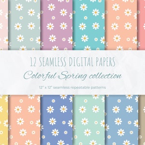 Daisy Spring Seamless Digital Papers Daisy Spring Scrapbook Paper Spring Colorful Daisy Digital Paper Boho Patterns Cute Boho