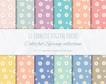 Daisy Spring Seamless Digital Papers Daisy Spring Scrapbook Paper Spring Colorful Daisy Digital Paper Boho Patterns Cute Boho