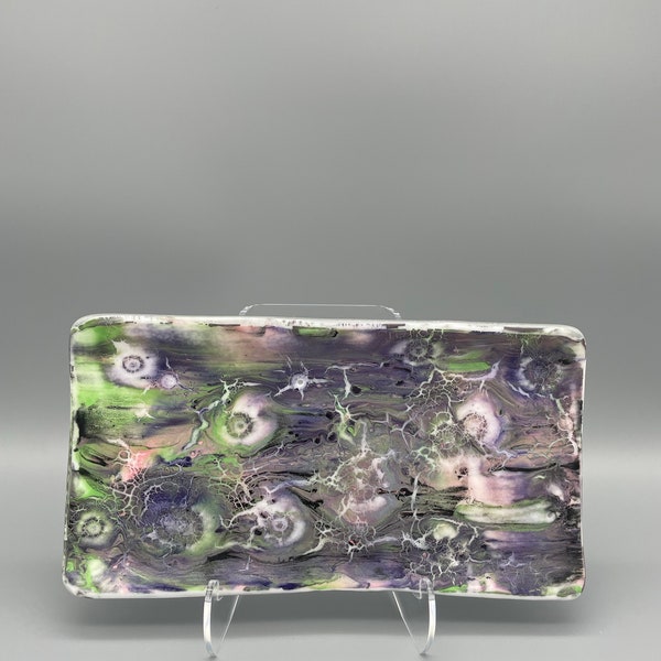 One of a kind handmade fused glass rectangular dish. Purple/Pink/Green glass paint pour fused glass art l decorative dish | gift jewelry