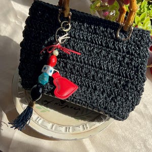 Handmade Leather Heart Bag Charm: Beaded Purse Keychain