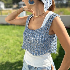 Crochet Top, Handmade Crop Bouse , Blue Cotton  Sleeveless Top, Knit Wear, Mesh Top, Net Top, Gift for Her, Boho Style,Women Wear, Gift Idea