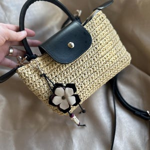ラフィア ロンシャン ミニバッグ、クロシェバッグ、ストローバッグ、クロスボディバッグ、彼女へのギフト、トップハンドルバッグ、ショルダーバッグ、3in1バッグ、普段使いのバッグ