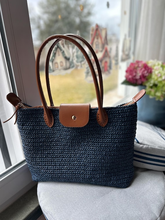 Raffia Longchamp Style Tote Bag, Crochet Bag, Straw Bag, Everyday