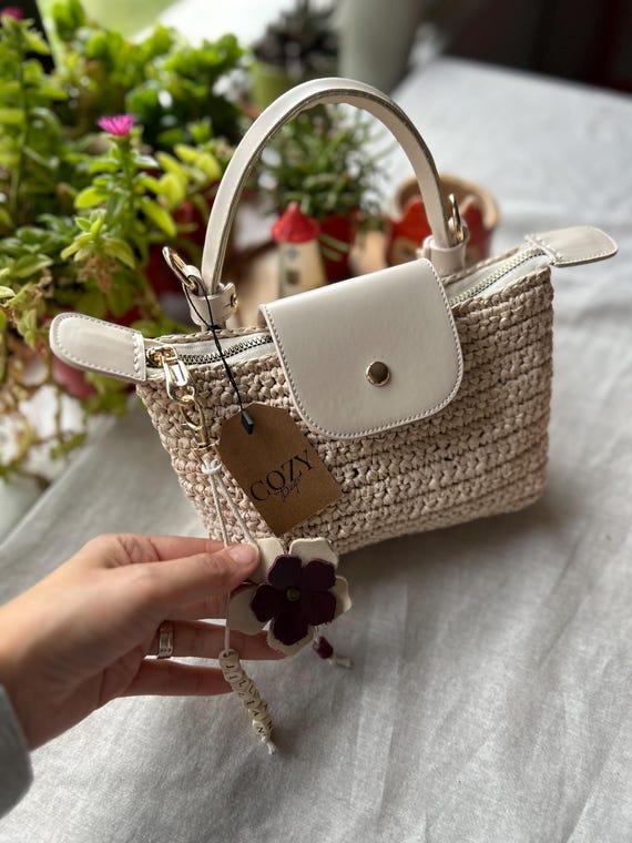 Crochet Raffia Mini Crossbody Bag: Vegan Leather Handle, 3-in-1