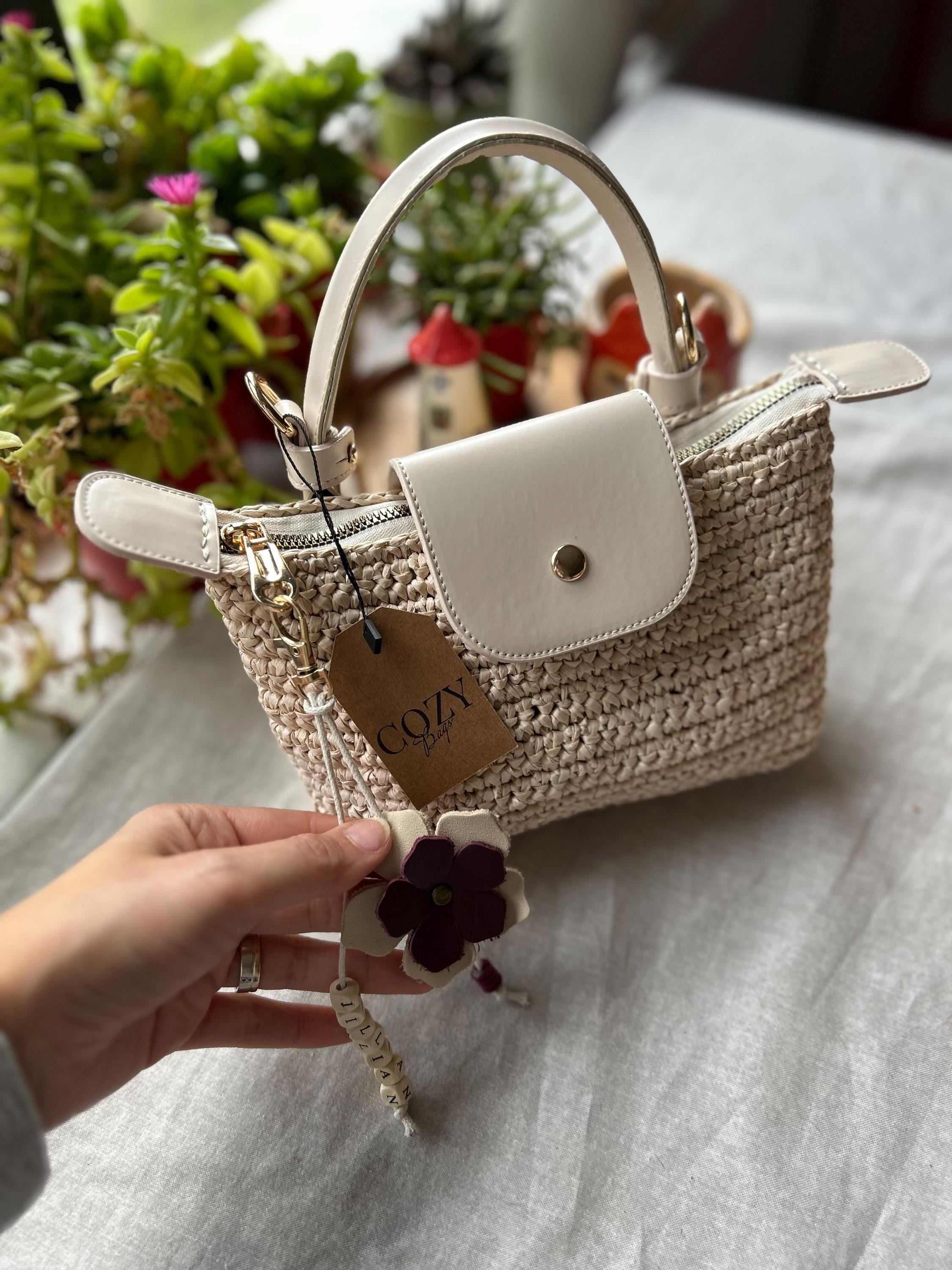 Crochet Raffia Mini Crossbody Bag: Vegan Leather Handle, 3-in-1
