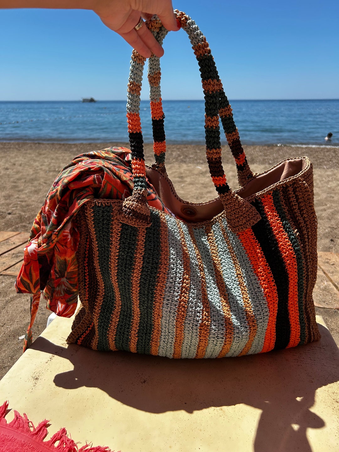 Buy Crochet Raffia Beach Tote: Colorful Oversized Slouchy Bag