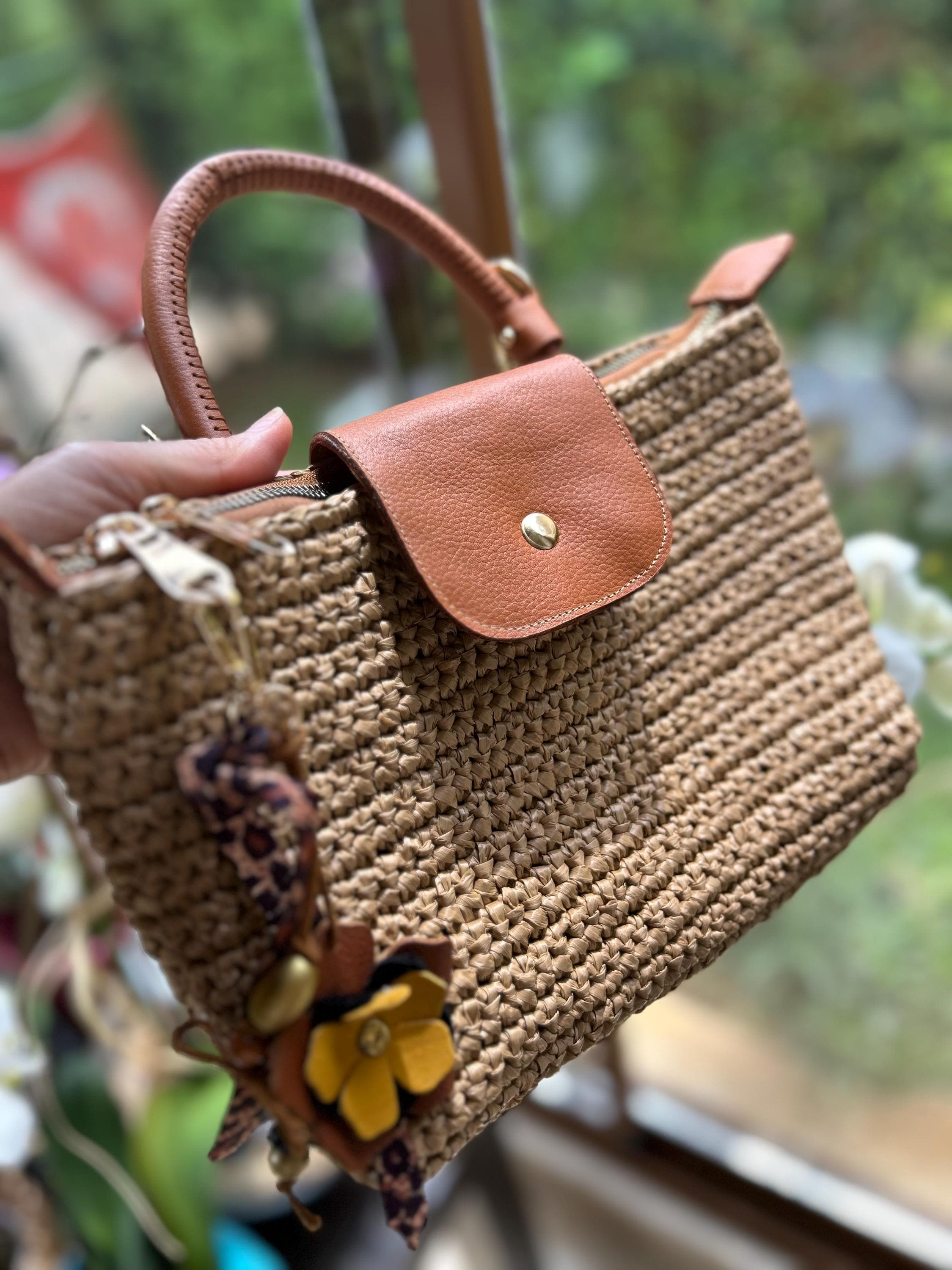 Raffia Longchamp Style Midi Tote Bag, Crochet Bag, Straw Bag