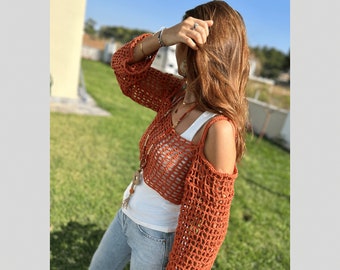 Crochet Top, Handmade Crop Top, Cinnamon Cotton Long Sleeve Top, Hand-Knit Mesh Blouse, Beach Wear, Gift for Her,Boho Style Blouse,Net Top