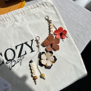Leather Flowers Bag Charm, Genuine Leather Handmade Beaded Handbag-Purse Charm , Leather Cute Key Chain, Customize Named Gift, Gift Idea