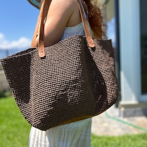 Crochet Raffia Tote Bag, Weekender Bag, Shoulder Bag , Gift for Her, Straw Bag, Handmade Bag,Travel Bag, Mesh Bag, Leather Tote, Market Bag