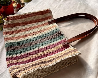 Crochet Raffia Beach Bag, Summer Shoulder Bag, Tote Bag, Jute Bag, Straw Bag, Colorful Large Bag, Gift for Mom, Oversize Slouchy Wicker Bag