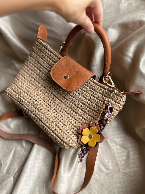 Raffia Longchamp Style Midi Tote Bag, Crochet Bag, Straw Bag