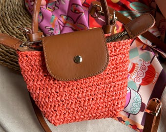 Raffia Longchamp Style Xsmall Bag, Crochet Crossbody Bag: Straw