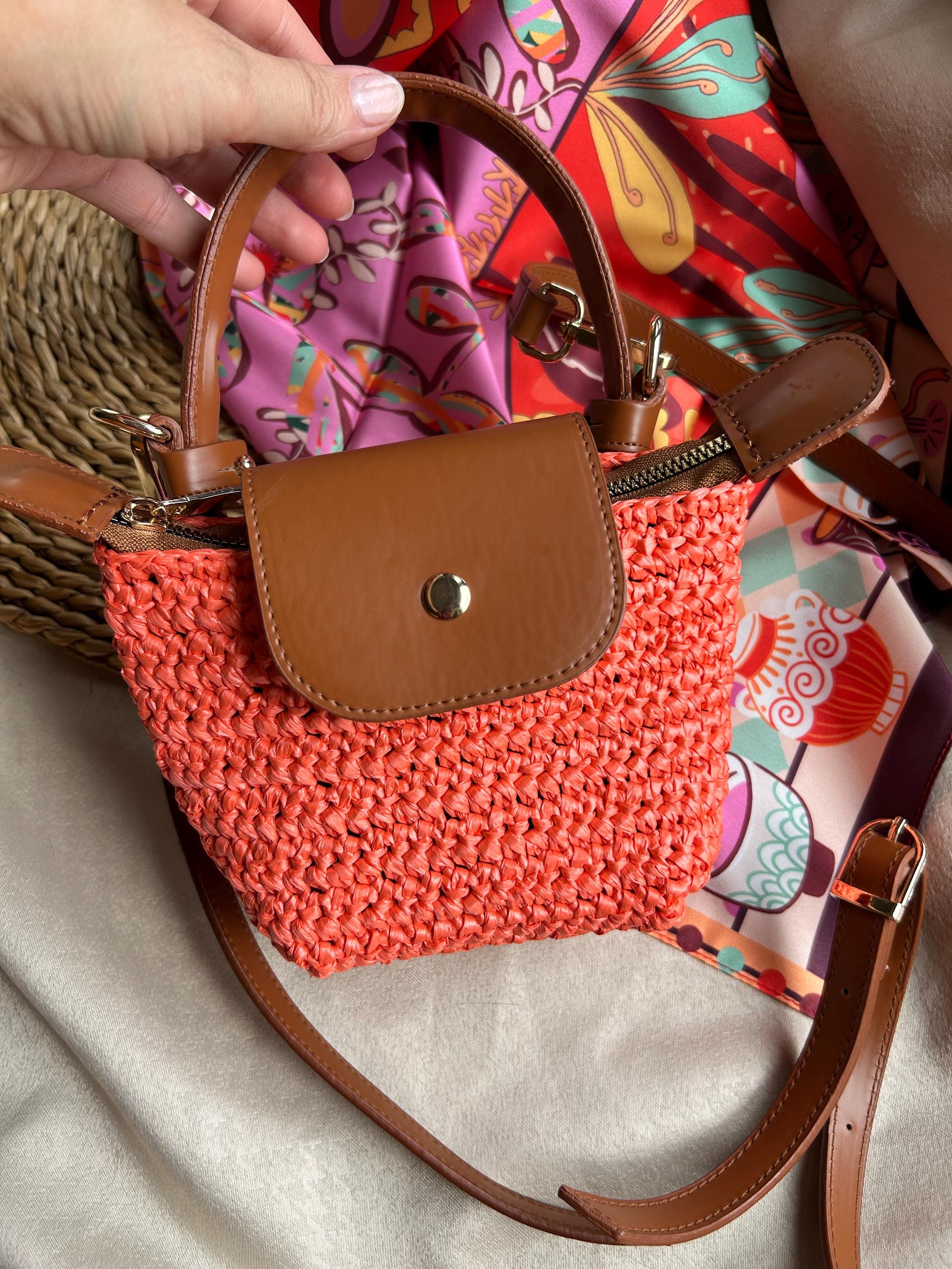 Raffia Longchamp Style Xsmall Bag, Crochet Crossbody Bag: Straw