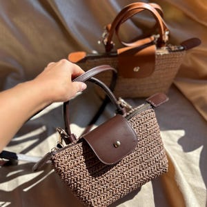 ラフィア ロンシャン ミニバッグ、クロシェバッグ、ストローバッグ、クロスボディバッグ、彼女へのギフト、トップハンドルバッグ、ショルダーバッグ、3in1バッグ、普段使いのバッグ