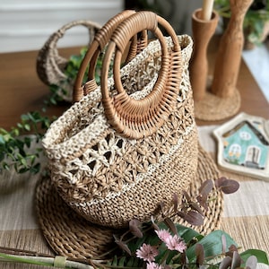 Raffia Bag, Crochet Bamboo Handle Bag, Straw Summer Bag, Gift for Her, Handmade Bag, Beach Bag, Boho Wicker Bag, Hand Bag, Top Handle Bag