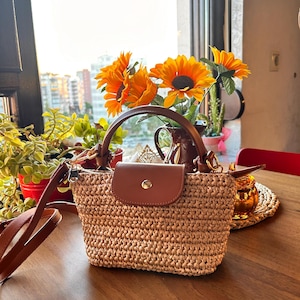 Mini sac Longchamp en raphia, sac au crochet, sac en paille, sac à bandoulière, cadeau pour elle, sac à main, sac à bandoulière, sac 3 en 1, sac de tous les jours