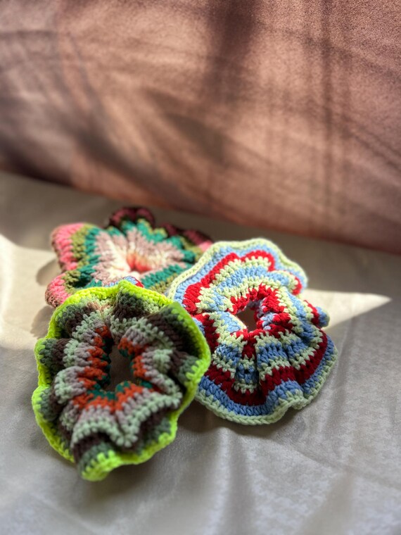 Two tone green ruffle scrunchie Handmade crochet Handmade Crochet Hair Scrunchies, Ruffled Boho Hair Tie With  main image 2